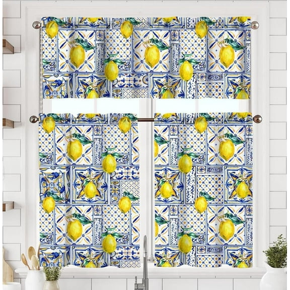 Blue Tiles Lemon Kitchen Curtains Short and Valance Set Fruit ining Room Fabric Curtain Drapes Retro Rustic Cafe Curtains Valance for Home Decor