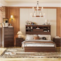 JERFIT 4-Piece Queen Bedroom Set with Charging Station, 2 Nightstands & 5-Drawer Dresser, Storage Headboard, Walnut Finish MDF Bed Frame