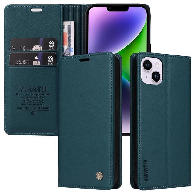 Funda para iPhone 15 Plus Estuche de Cuero PU Tipo Cartera con Ranuras para Tarjetas y Cierre Magnético
