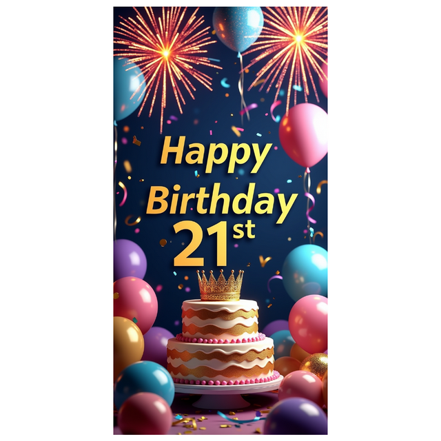 21st Birthday Celebration Banner with Fireworks Balloon Cake Decorations Perfect for Parties Events Backdrop Background Festivities Photo Props Weddings