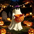thumbnail image 3 of Halloween Ghost Candy Bowl Statue, Resin Ghost Figurine Holding Pumpkin Candy Bowl, Witch Hat Ghost Trick Or Treat Candy Holder, Indoor Outdoor Front Porch Yard Lawn Entryway Fall Holiday Decor, 3 of 5
