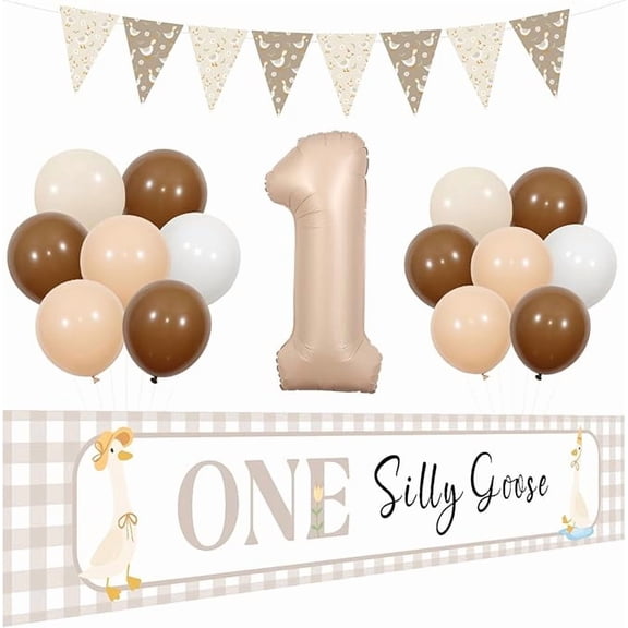 One Silly Goose 1st Birthday Party Decorations, One Silly Goose Yard Banner Goose Theme Triangle Bunting Flag Brown Balloons Kit Farm Animal Duck Theme 1st Birthday Decor for Boys Girls