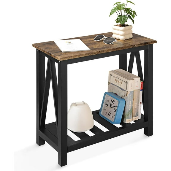 Narrow Side Table Rectangular End Tables with Storage Shelf Small Industrial Nightstands Bedside Table for Small Spaces Living Room Bedroom Bathroom Brown Smooth Tabletop and Black Legs