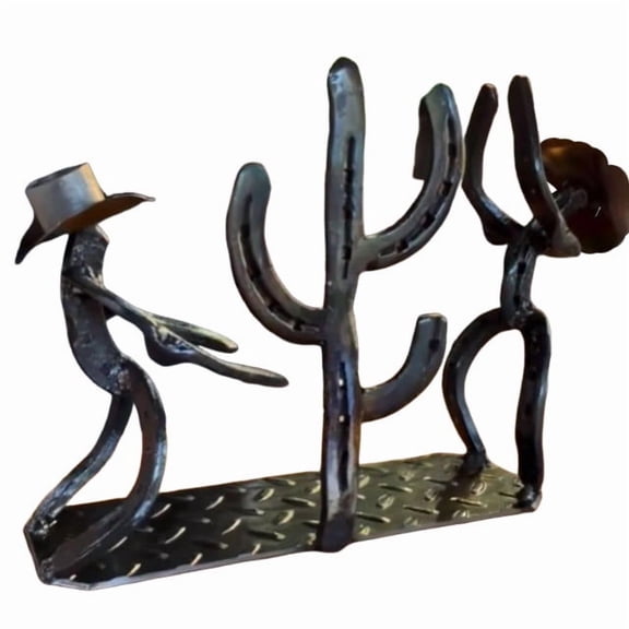 Yooshoverk Western Cowboy & Cactus Vintage Metal Wine Rack – Tabletop Wine Display Decor For Kitchens & Bars Multicolor Free Size