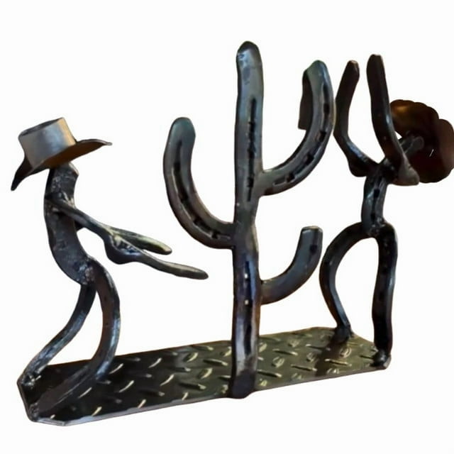 SIYTUAU Western Cowboy And Cactus Themed Wine Rack Vintage Metal Tabletop Display Rack For Kitchen Bar And Home Decor