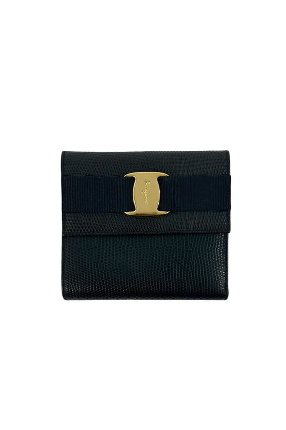 Pre-Owned Salvatore Ferragamo Vintage Vara Ribbon Hardware Leather Tri-fold Wallet Black 09149