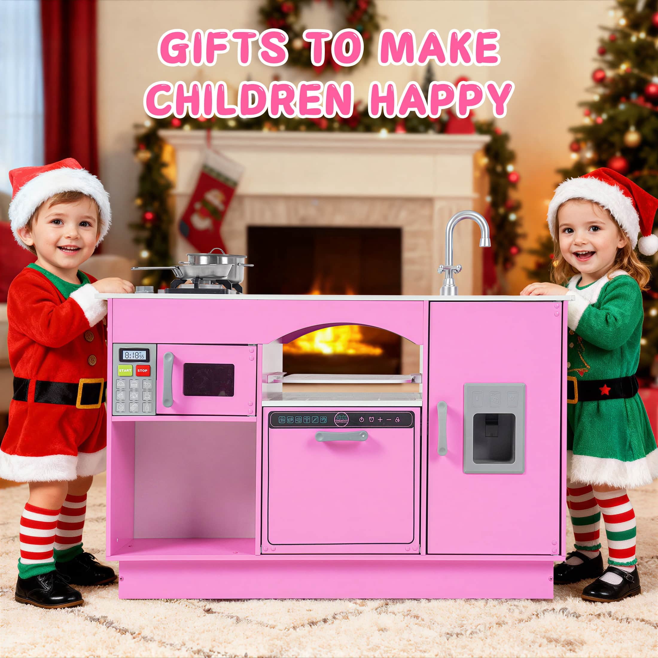 COCLUB Modern Wooden Play Kitchen Island for Kids, Pretend Play Center w/ Electronic Light & Sound Effects, Kids Kitchen Playset | Microwave, Washer, Ice Maker, Chalkboard & Accessories Included