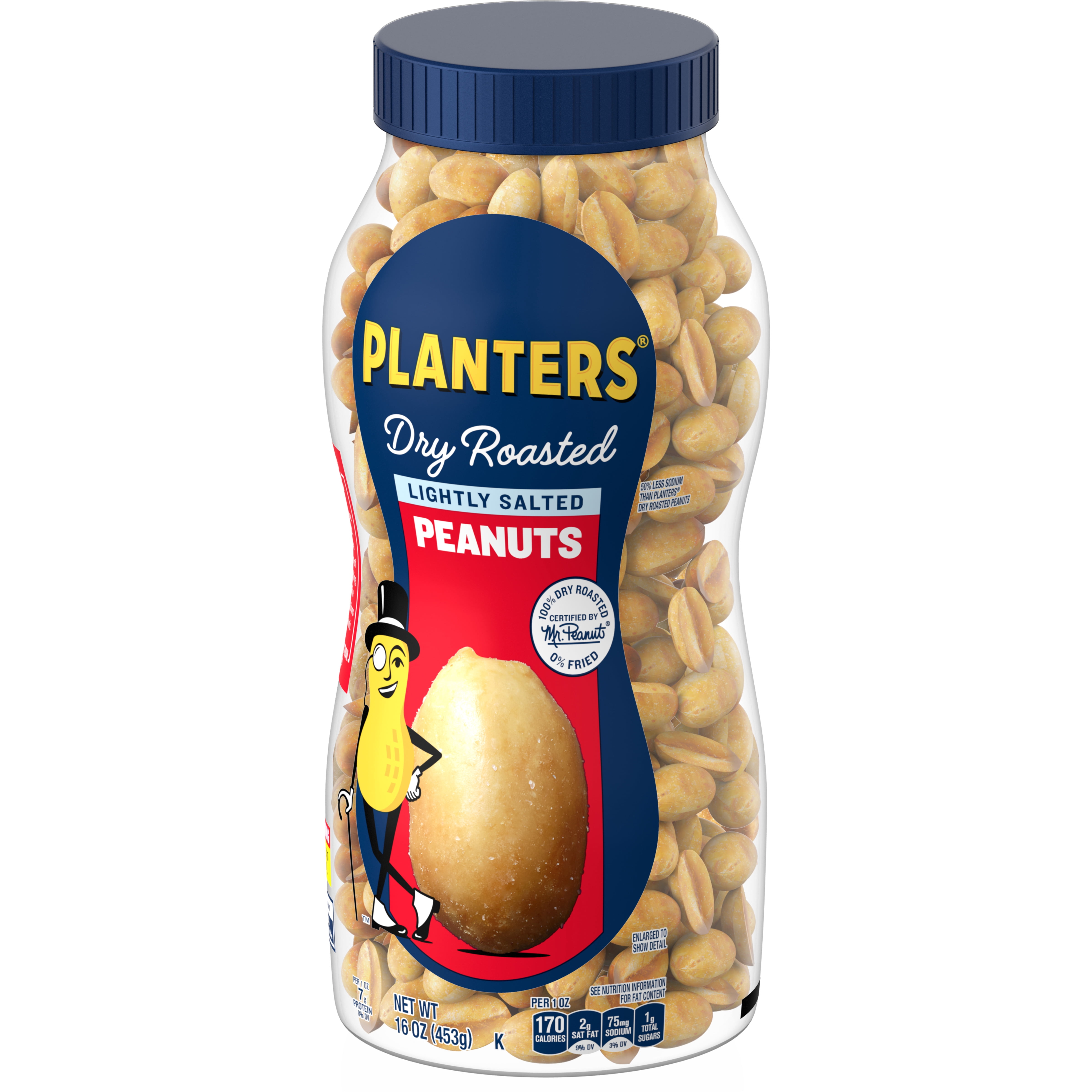PLANTERS Lightly Salted Dry Roasted Peanuts, Party Snacks, Plant Based Protein, 16 oz Jar