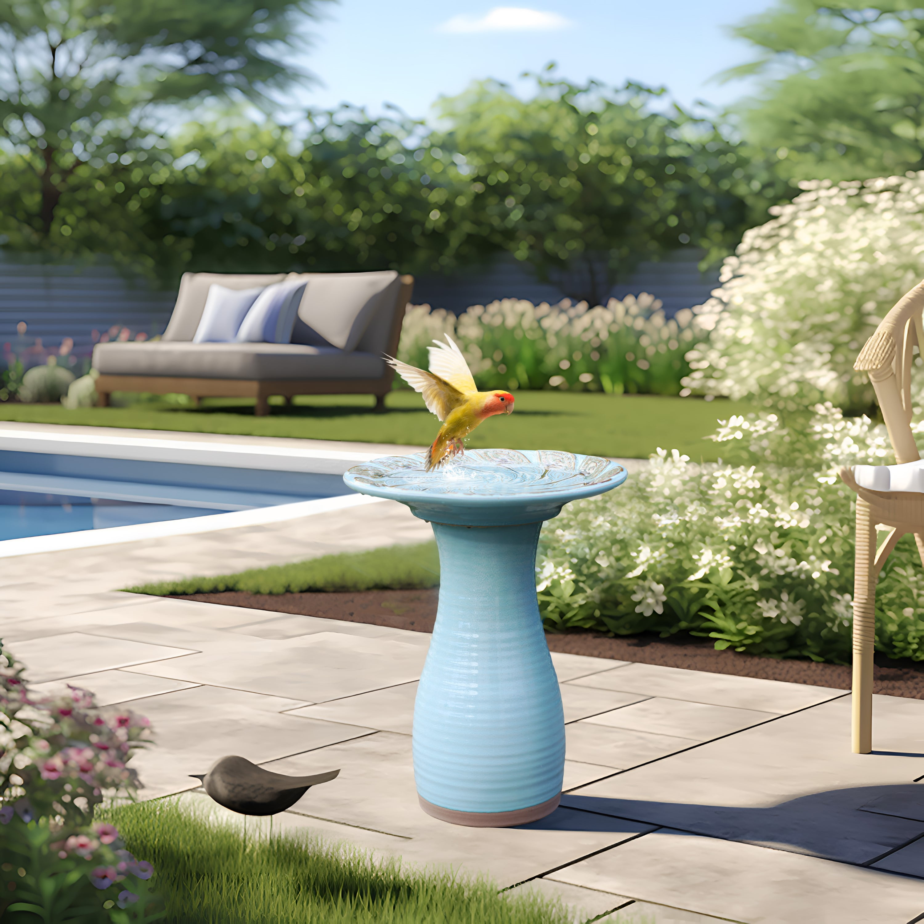 LuxenHome 20 Inch Ceramic BirdBath for Outside, Elegant Tall Outdoor Bird Bath with Leaf Pattern