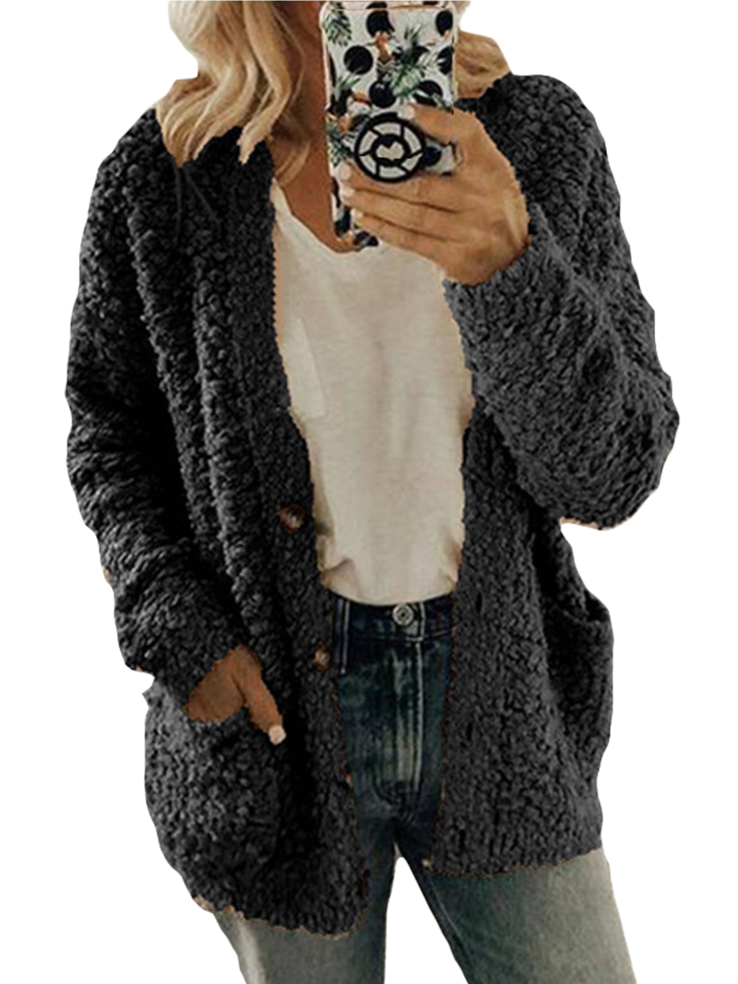 Women Warm Teddy Bear Pocket Fluffy Coat Outwear Long Sleeve Casual Jackets Tops