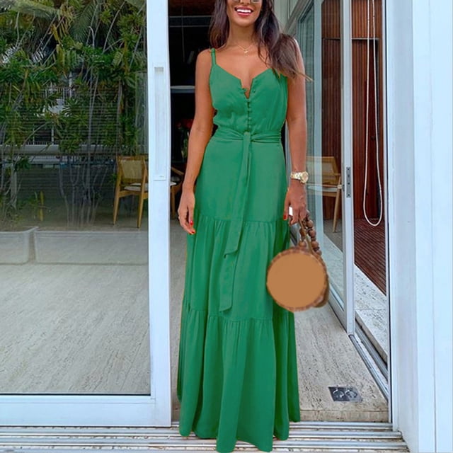 SMihono Robe Maxi Bohème d'Été pour Femmes Grande Taille Mode Femmes Été Bohème Sans Manches à Bretelles Col en V Bandage Fête Plage Robe de Plage