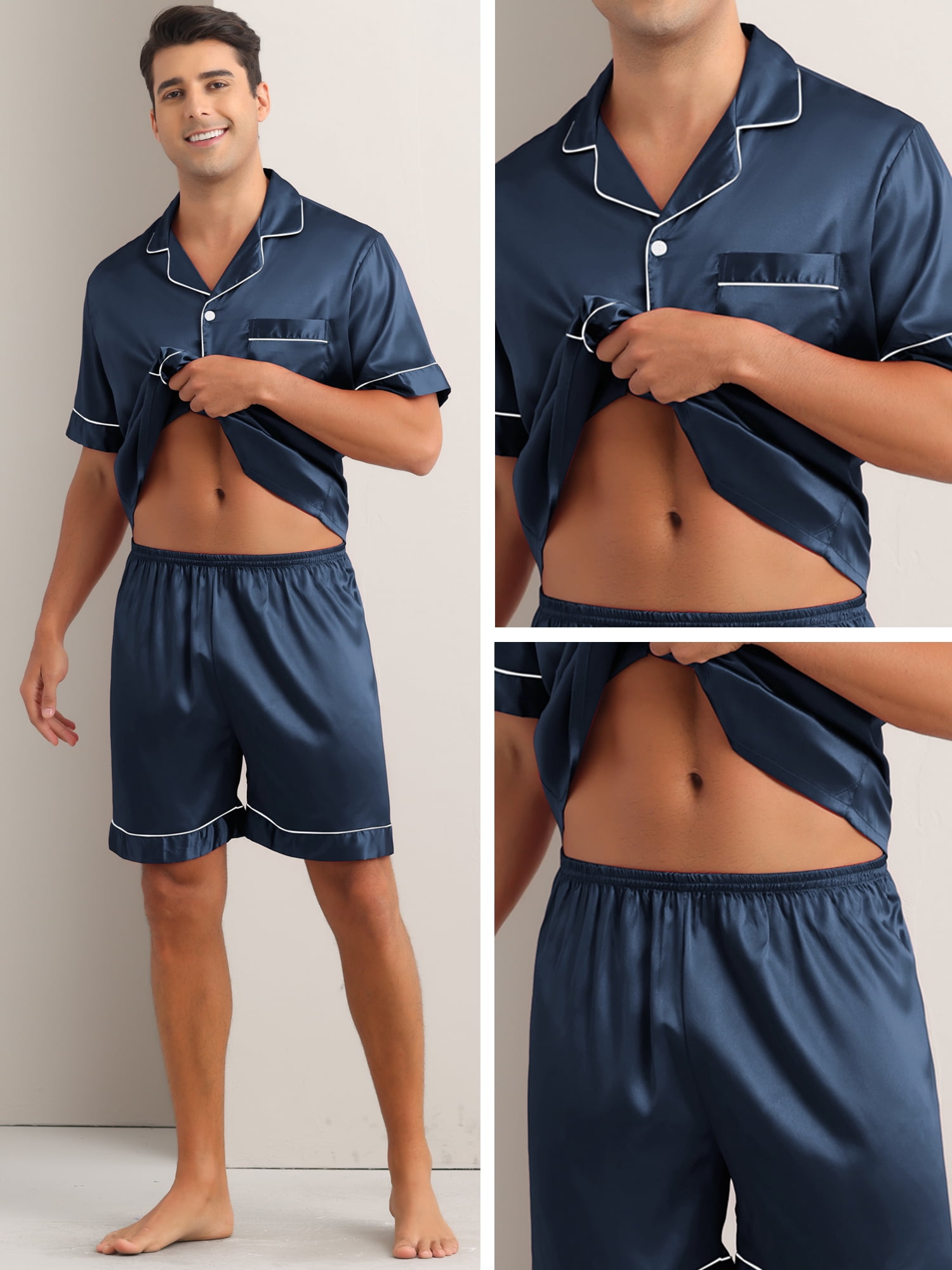 DARING DIVA Men's 2-Piece Satin Short Sleeve Nightwear Shorts Pajamas Set S Dark Blue