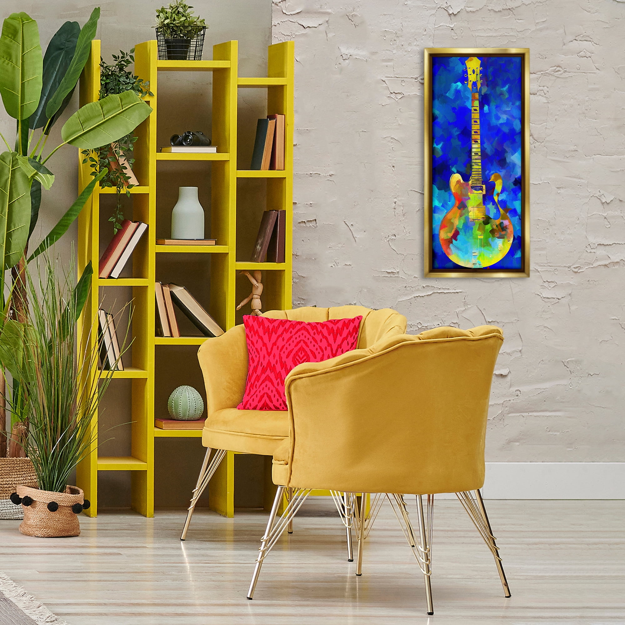 Stupell Industries Abstract Guitar on Blue Entertainment Painting Gold Floater Framed Canvas Art Print Wall Art, 14 x 31