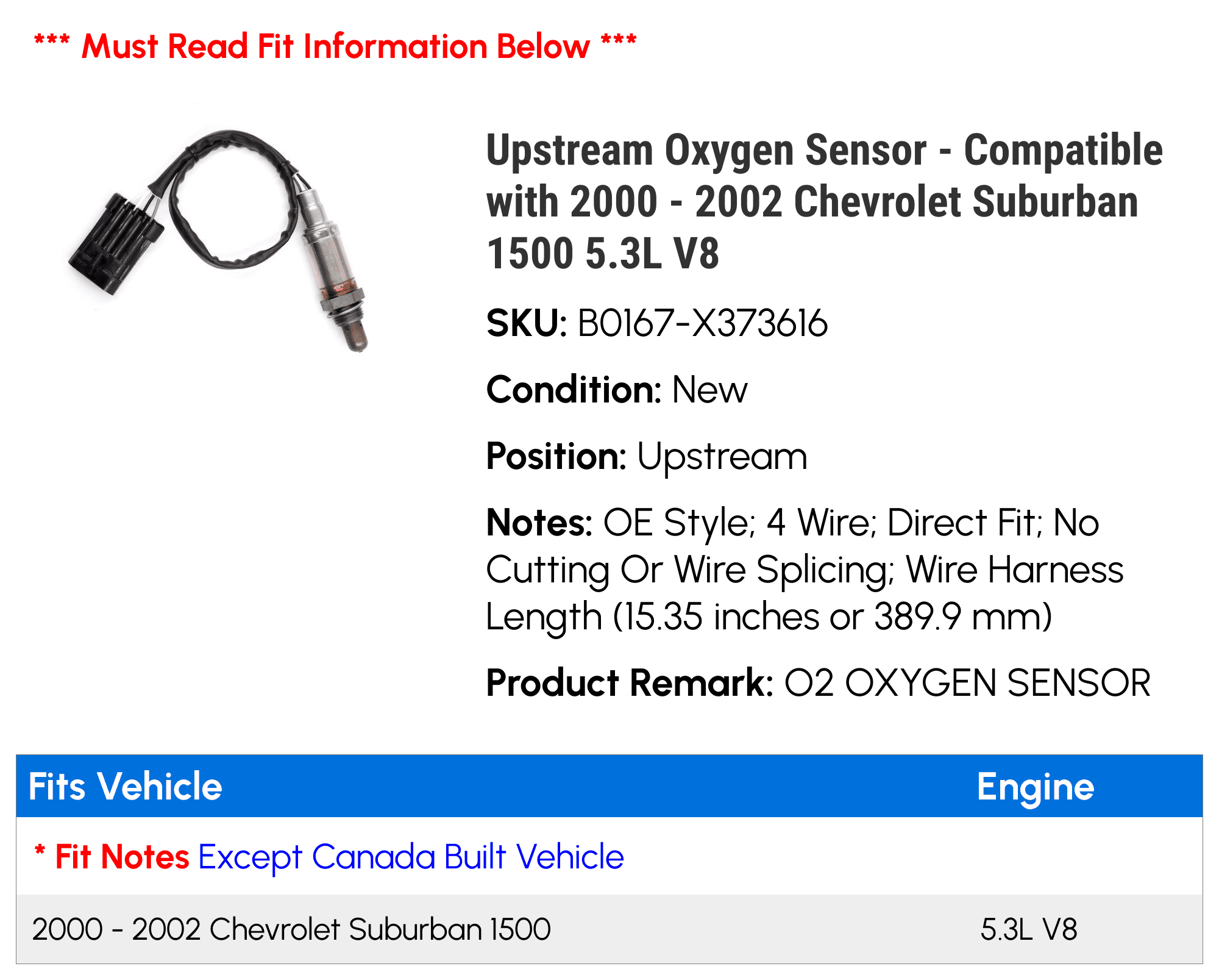 Upstream Oxygen Sensor - Compatible with 2000 - 2002 Chevy Suburban 1500 5.3L V8 2001