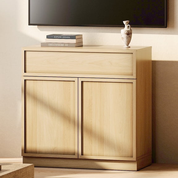 WAMPAT Modern TV Stand for TVs Up to 40", Wooden Entertainment Center TV Console with 2 Doors and Drawer, Media Console Cabinet with Adjustable Shelf for Living Room, Bedroom, Oak