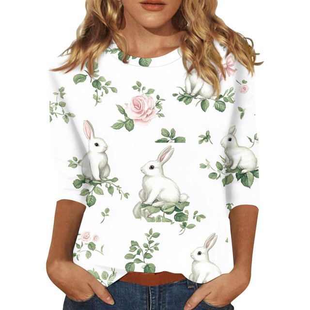 Pxiakgy T-Shirts de Pâques en Solde pour Femmes, T-Shirts Mode 2025 Décontractés Col Rond Manches 3/4 Amples Mignons T-Shirts Graphiques Drôles Lapin Mignon Pulls Tunique Blouse en Coton