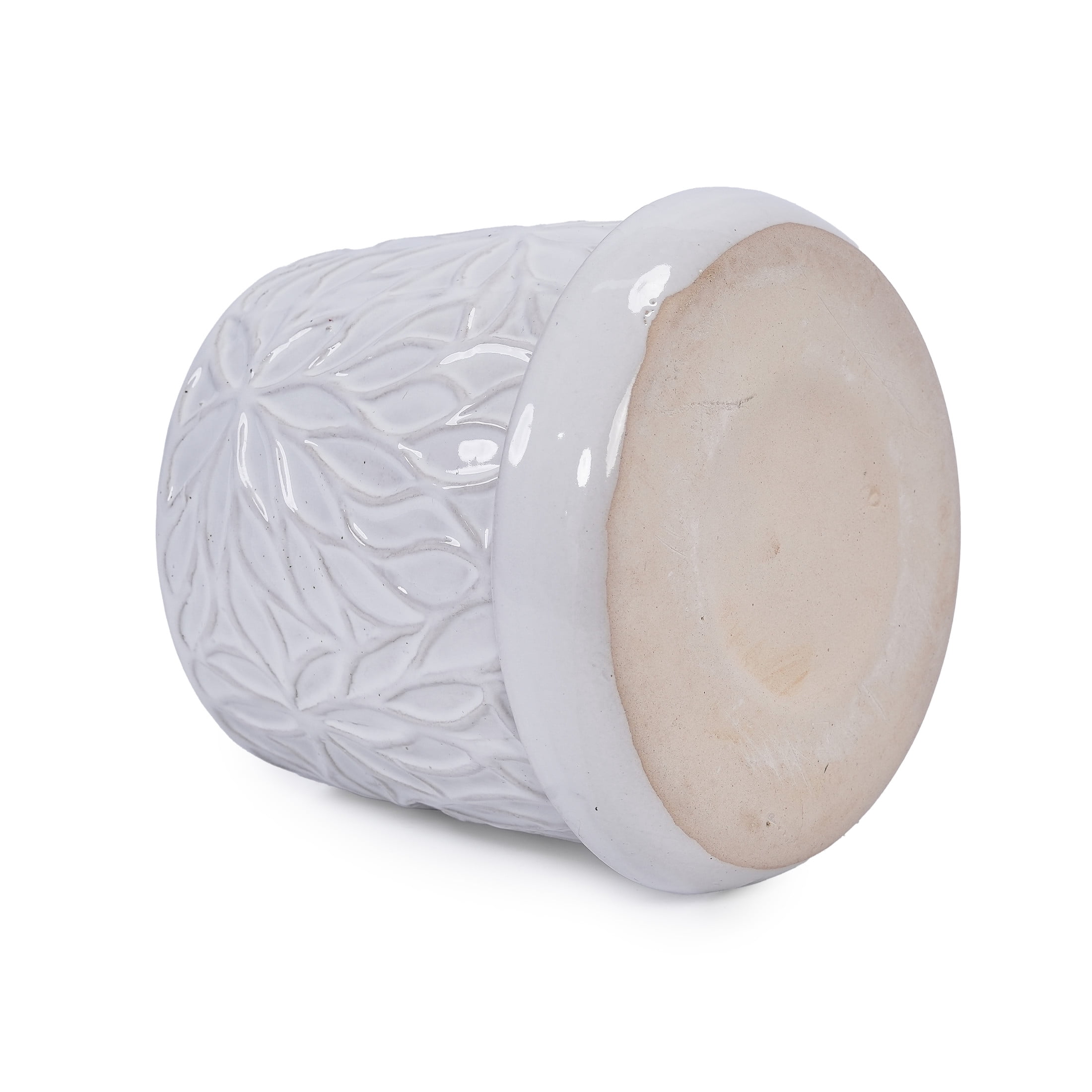 Noble House Olivia Embossed Leaf Ceramic Planter Set, Modern Flowerpots with Drainage, Set of 2, Gloss White