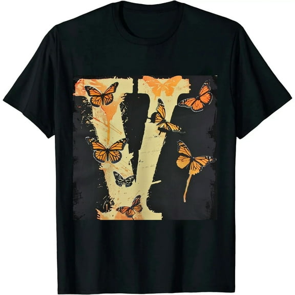 Qinduosi Men's Big V T-Shirts Fashion Print Shirt Round Neck Short Sleeve Black