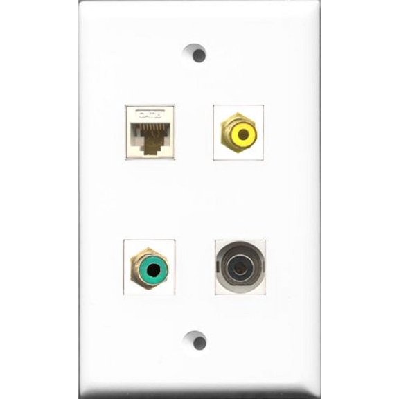 RiteAV 1 Port RCA Yellow and 1 Port RCA Green and 1 Port 3.5mm and 1 Port Cat6 Ethernet White Wall Plate