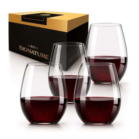 Libbey Signature Kentfield Stemless Wine Glasses, 18-Ounce, Set of 4, Made in USA, Dishwasher Safe, Modern Stemless Glassware, Gift Box