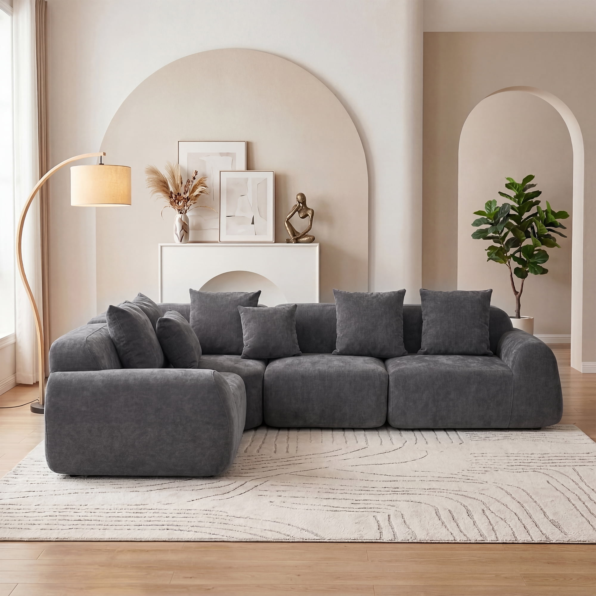 118" Wide Curved Velvet Modular Sectional Sofa, Oversized L-Shaped Cloud Couch with Memory Foam