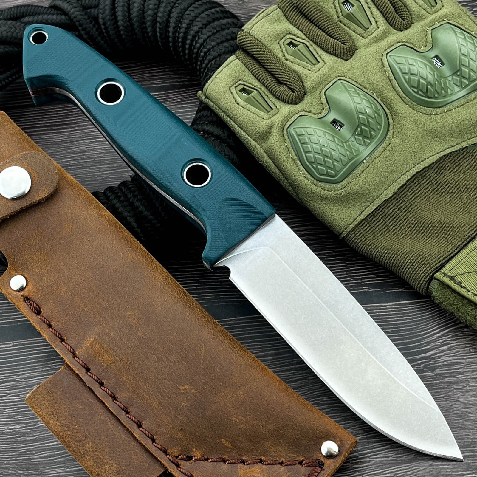 9.06'' Full-Tang D2 Steel Fixed Blade Knife, Teal G10 Handle & Leather Sheath for Camping Hiking