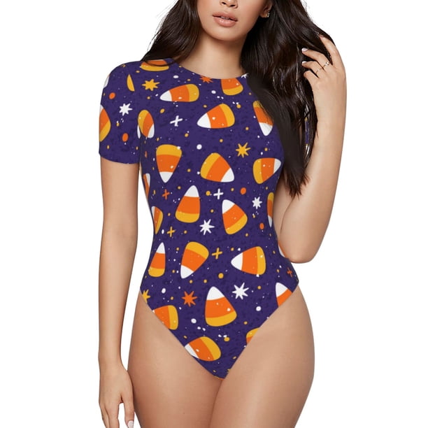 Balery Candy Corn (2) Body de cuello redondo de manga corta para mujer Tops de manga corta Tops básicos-Small
