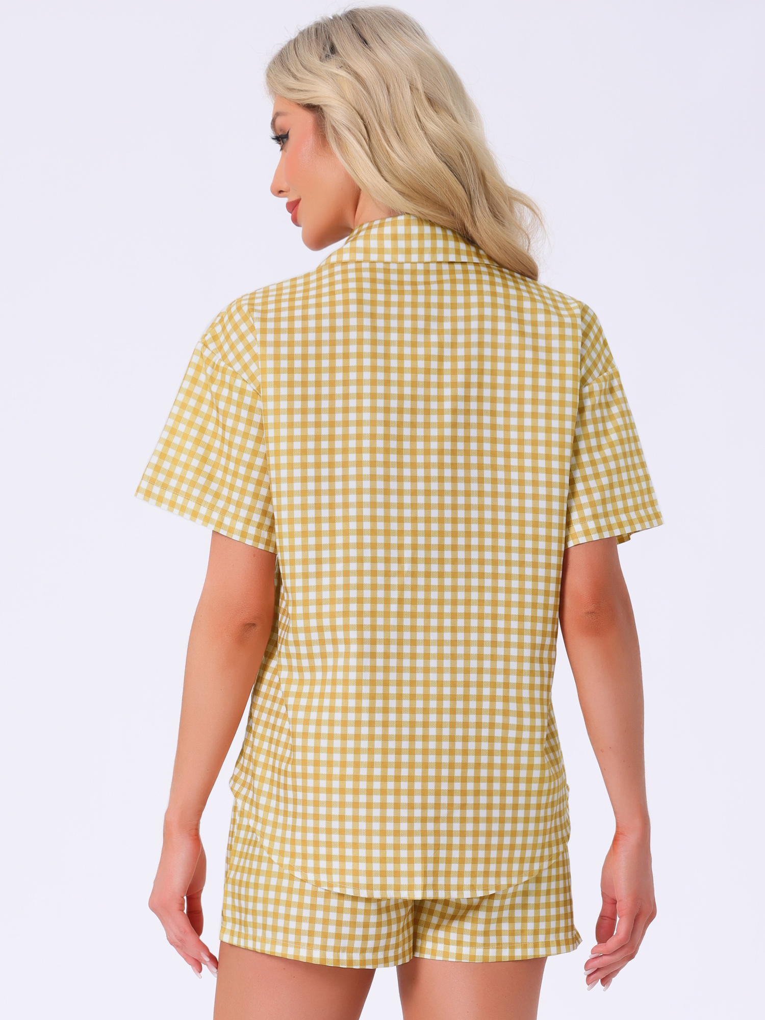 DARING DIVA 2 Pieces Plaid Pajama Short Sleeve Set Button Down Shirt XL Yellow