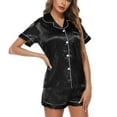 thumbnail image 2 of Women's Satin Pajama Set Short Sleeve Pajamas Button Up Soft Cool Silky Pjs 2 Piece Fall Summer Comfy Black Medium, 2 of 5