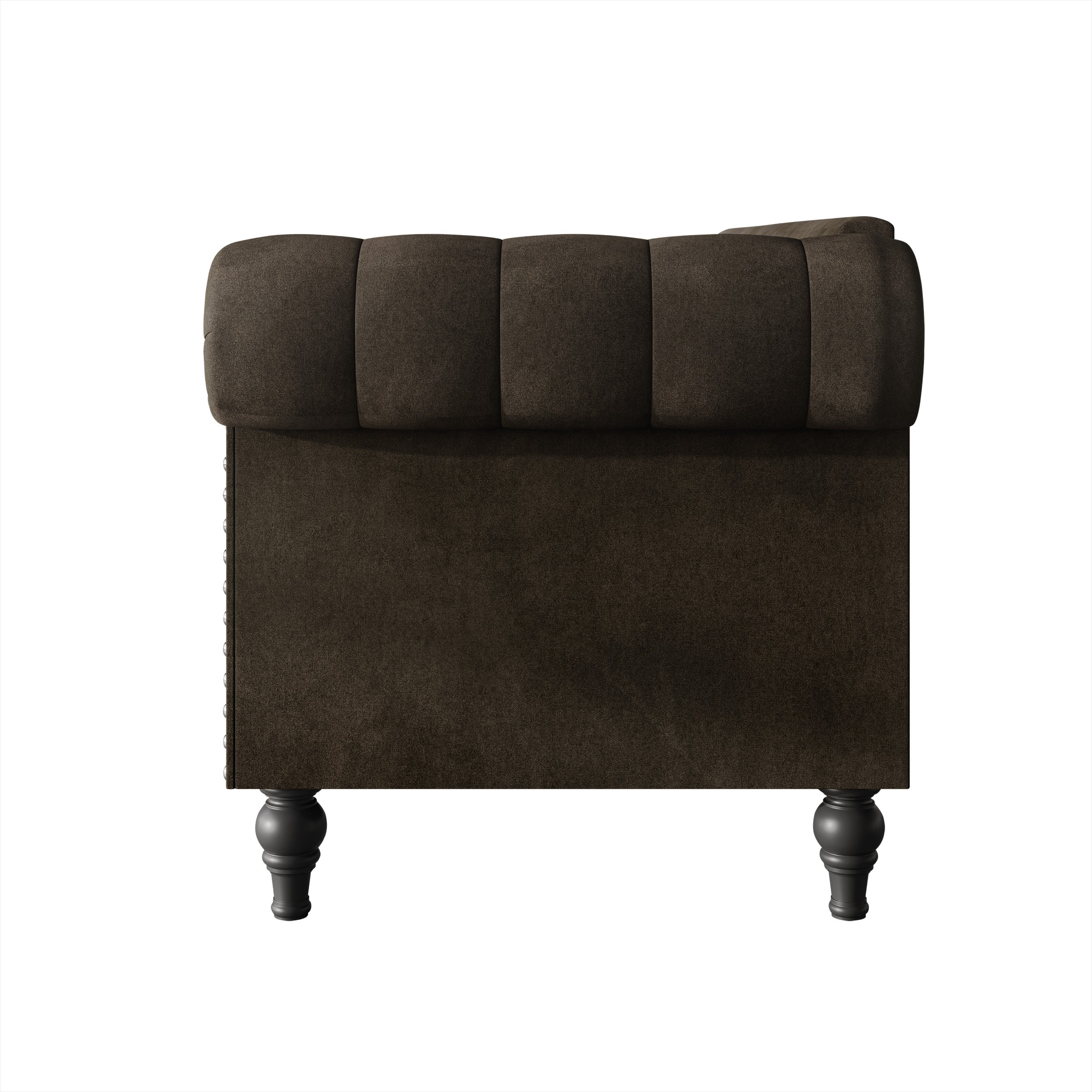 Home Design Kelso 3-Piece Velvet Living Room Set With Rolled Arm Chair, Loveseat and Sofa, Deep Button Tufting and Turned Legs, Brown