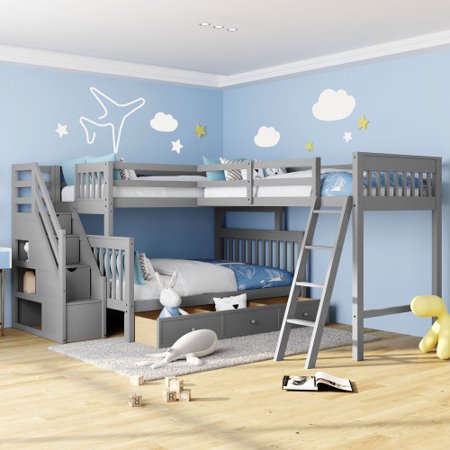 L-Shaped Bunk Bed Twin over Full Bed Frame with 3 Drawers  Ladder and Staircase Solid Wood Bunk Bed for Kids Girls Boys Adults Bedroom Dorm  Gray