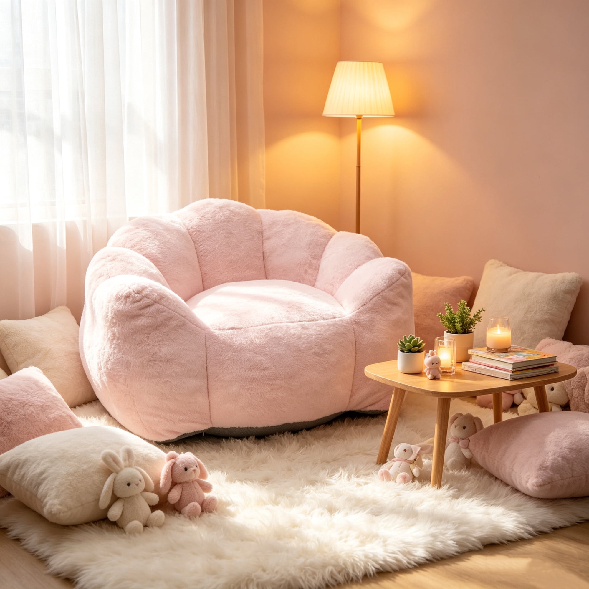 Leumius Large Lazy Sofa Chair, Comfortable Velvet Fabric Large Petal Sofa for Bedroom, Living Room and Gaming Pink