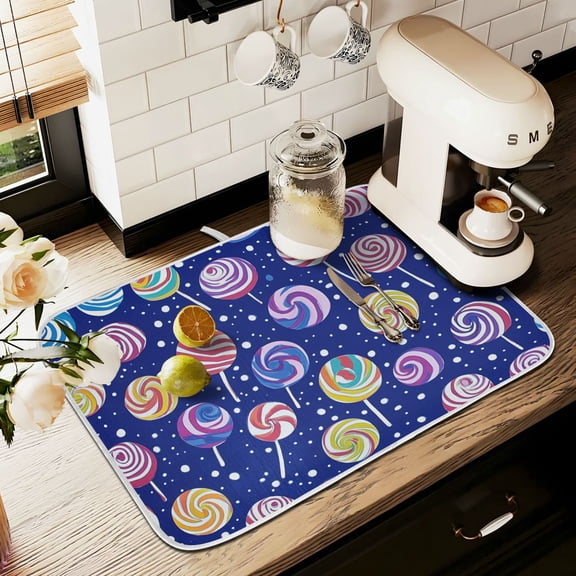 Yayeee Dish Drying Mat for Kitchen Counter 16" x 18" Microfiber Super Absorbent Coffee Decorative Pad, Blue Colorful Candies