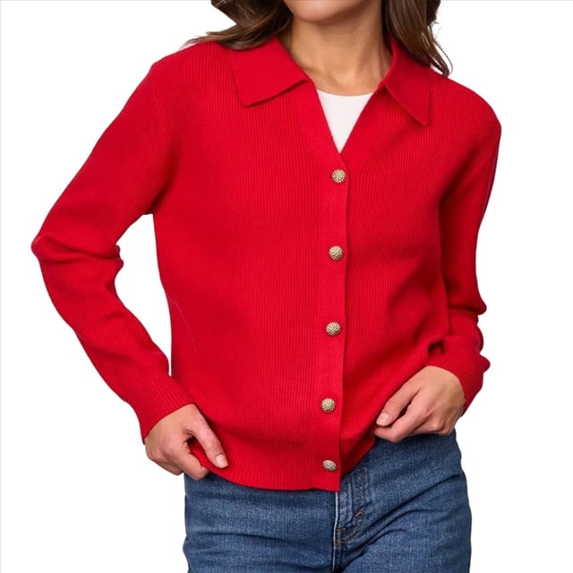 Suéter de Cuello de Solapa para Mujer, Chaqueta de Punto con Botones y Abertura Frontal, Cárdigan de Larga con Botones Rojo L