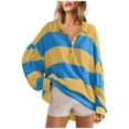 thumbnail image 3 of dGslk Womens Long Sleeve Striped Polo Shirt Loose Fit Casual Button Down Pullover Lightweight Top for Everyday Wear Blue XL, 3 of 7