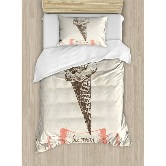 Ice Cream Duvet Cover Set, Nostalgic Grunge Ice Cream on Old Fashioned Polka Dots Background, Decorative 2 Piece Bedding Set with 1 Pillow Shams, Twin Size, Cream Coral Brown, by Ambesonne