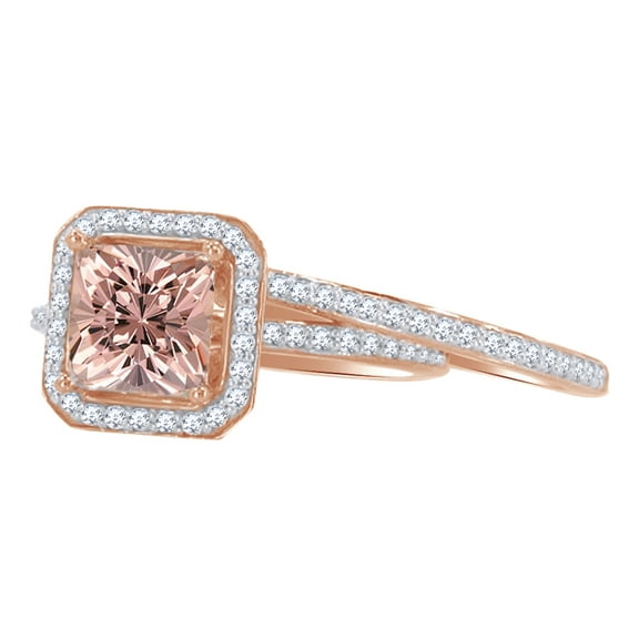 AFFY 2 Ct Simulated Morganite & White Natural Diamond Halo Wedding Bridal Ring Set in 10k Rose Gold Ring Size - 4