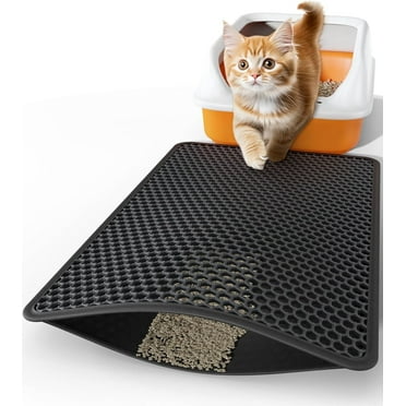 Cat Litter Mat, 24x18 Inches Large Honeycomb Double Layer Cat Litter Trapping Mat, Non Slip Waterproof Urine Proof Cat Litter Box Mat, Kitten Supplies and Essentials, Black