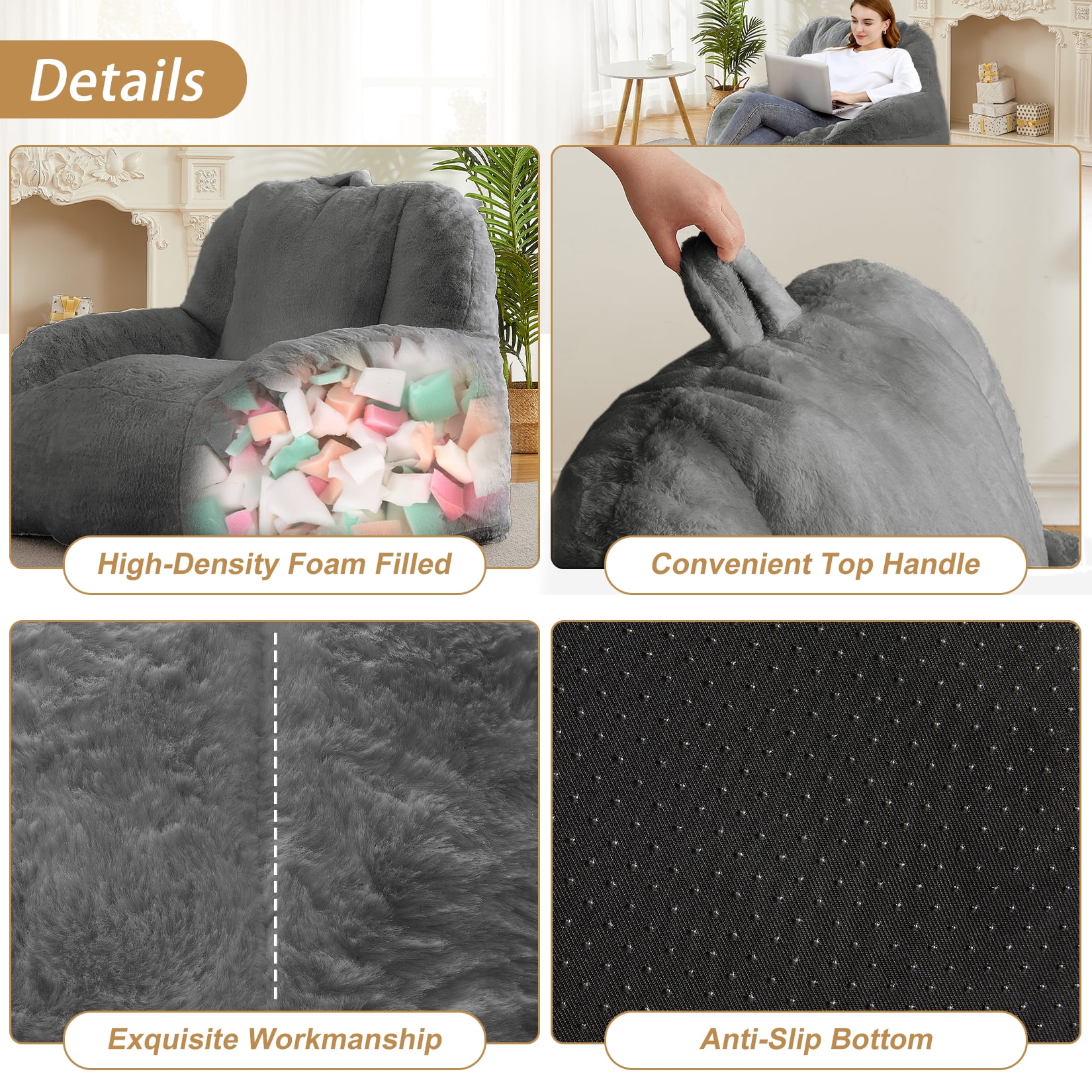 COZONY Large Bean Bag Sofa Chair for Adults and Teens with Filling, Cozy Seating for Living Room, Basement, Game Room,Dark gray