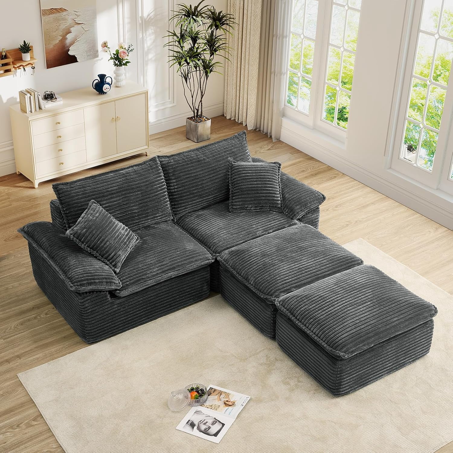Aukfa 4-Piece Modular Sectional Sofa, Corduroy Convertible Double Chaise Lounge with Ottomans, Grey