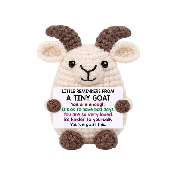 Handmade Crochet Goat Plush Toy with Inspirational Quote Sign, Cute Knitted Stuffed Animal for Stress Relief Anxiety Comfort, Home Office Desk Decor Gift