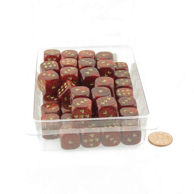 Ruby Red Glitter Dice with Gold Colored Hearts D6 16mm (5/8in) Pack of 50 Wondertrail