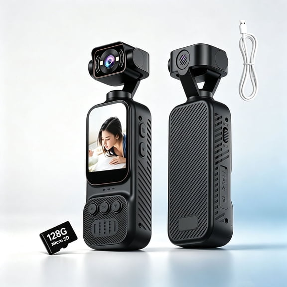 iFCOW 4K HD Pocket Handheld Camcorder, WiFi Enabled Vlog Camera with 12MP Photos, 170° Wide Angle Lens, 270° Rotating Head, 2‑Inch Display, Includes 128GB Memory Card