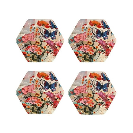 

Leather Coasters Set of 4 - Butterflies And Flowers Painting Lightweight Non-Slip Drink Coasters for Desk Anti-Scalding Desk Cup Coasters for Office Table Decor Hexagon