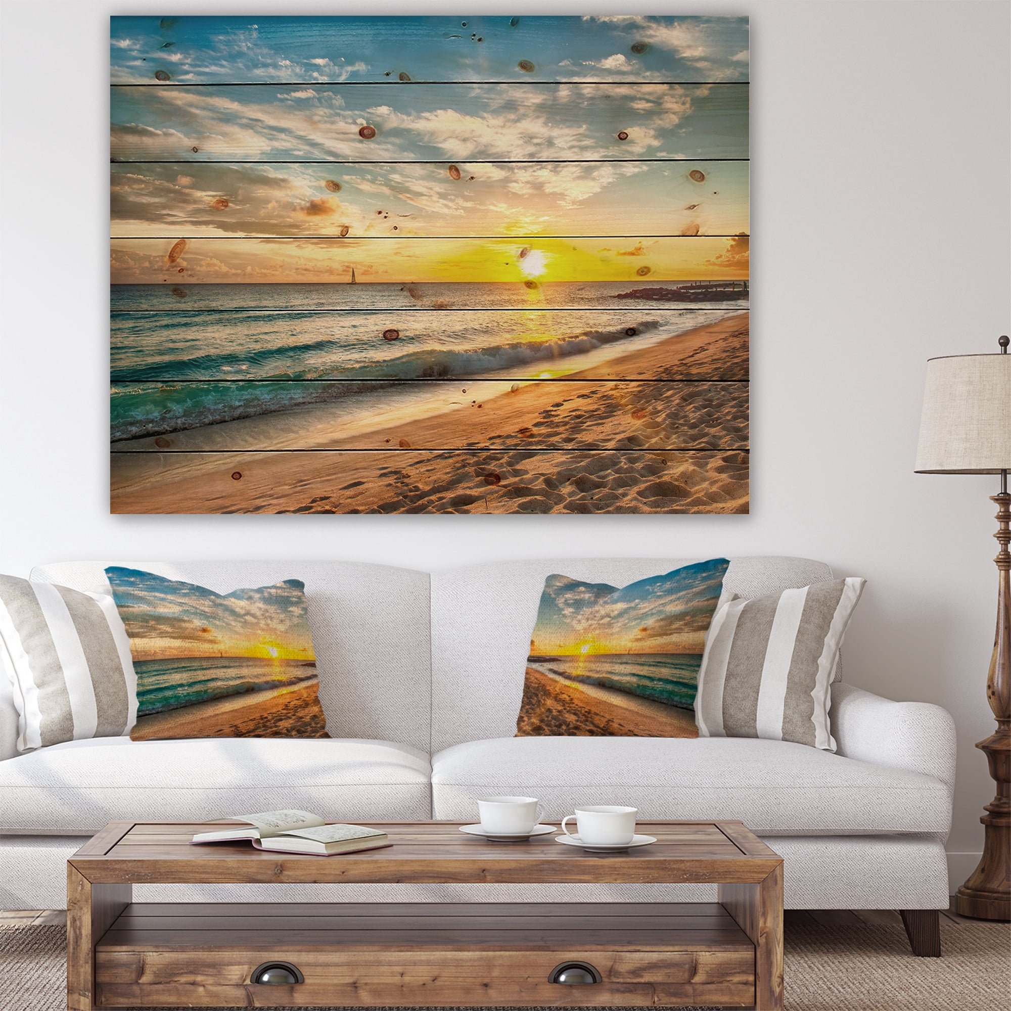 Designart 'White Beach in Island of Barbados' Modern Seascape Print on Natural Pine Wood