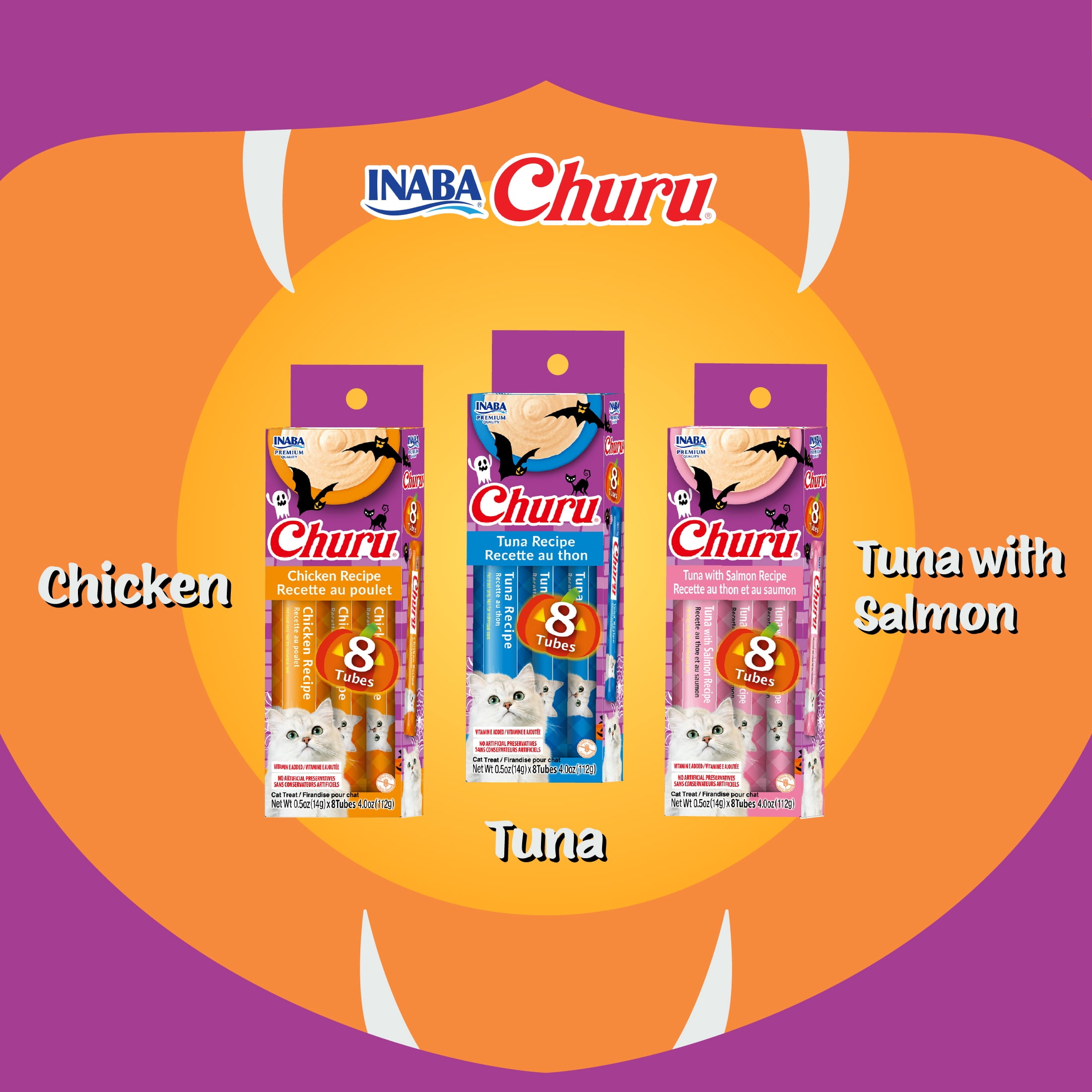 INABA Churu Halloween Cat Treats Chicken Recipe, Lickable Creamy Puree, Grain-Free with Vitamin E, 0.5 oz Tubes, 8 Count
