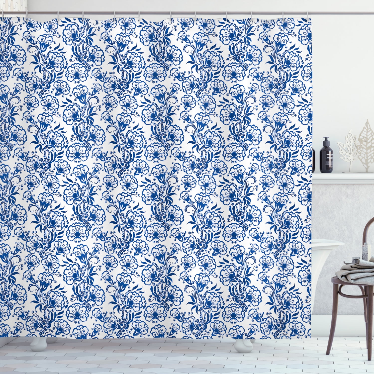Blue Shower Curtain, Delicate Spring Season Themed Floral Pattern in
