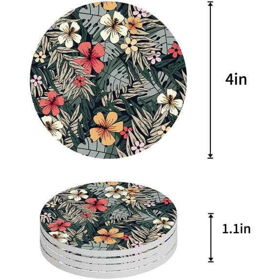 FMSHPON Hand Drawn Tropical Plants Set of 4 Round Coaster for Drinks, Absorbent Ceramic Stone Coasters Cup Mat with Cork Base for Home Kitchen Room Coffee Table Bar Decor