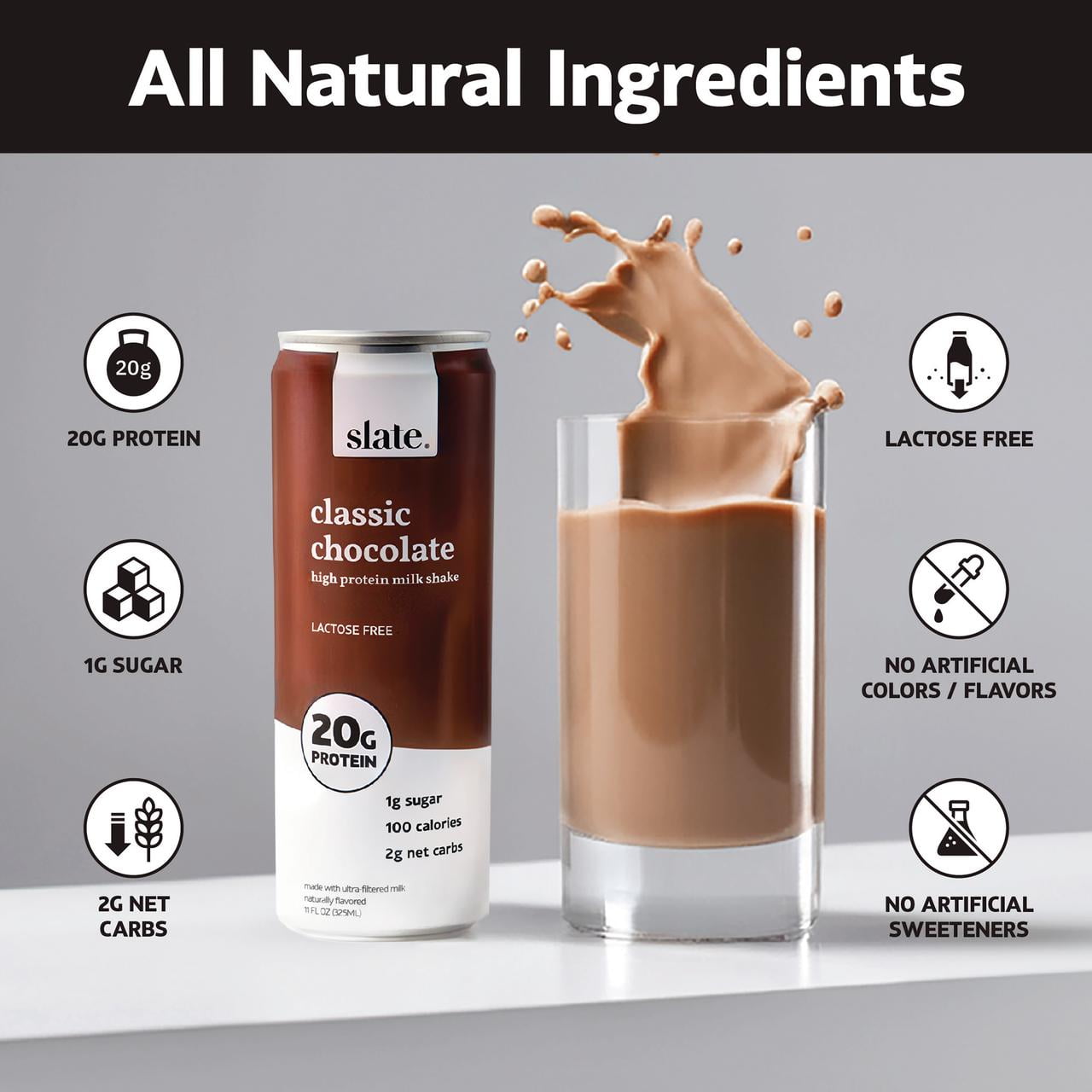 Slate Milk Classic Chocolate, High Protein Milk Shake, 20g Protein, 1g Sugar, 100 Calories, 11 fl oz, 12 Cans