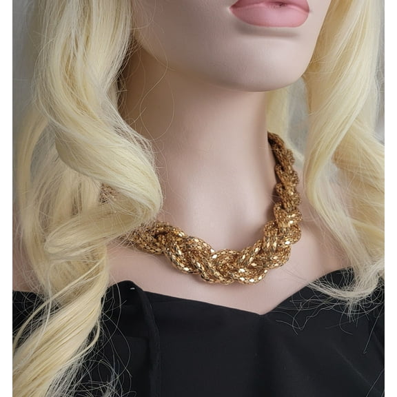 Chunky Thick Gold Tone Braided Chain Mail Link Adjustable Choker Collar Necklace Womens Adult
